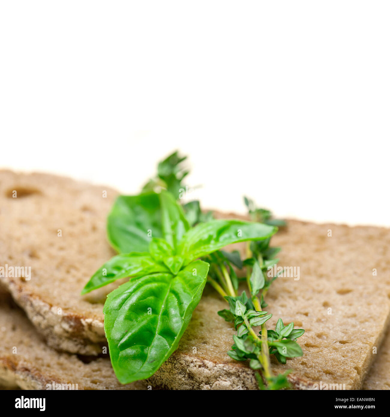 Pane rustico italiano il basilico e il timo semplice spuntino sul bianco tavola di legno Foto Stock