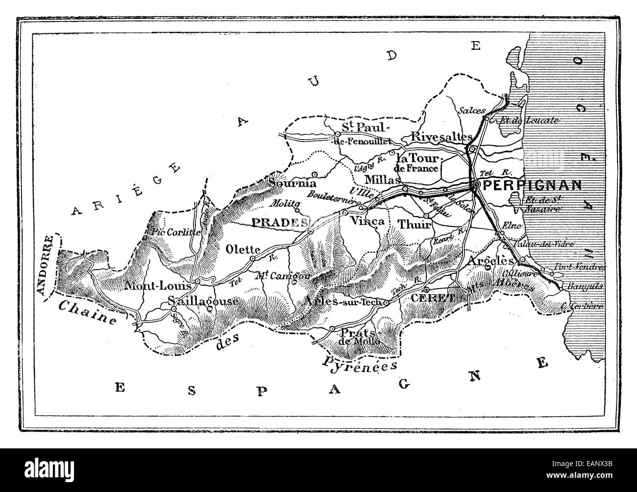 Mappa del Dipartimento dei Pirenei orientali, vintage illustrazioni incise. Journal des viaggio, viaggio ufficiale, (1880-81). Foto Stock