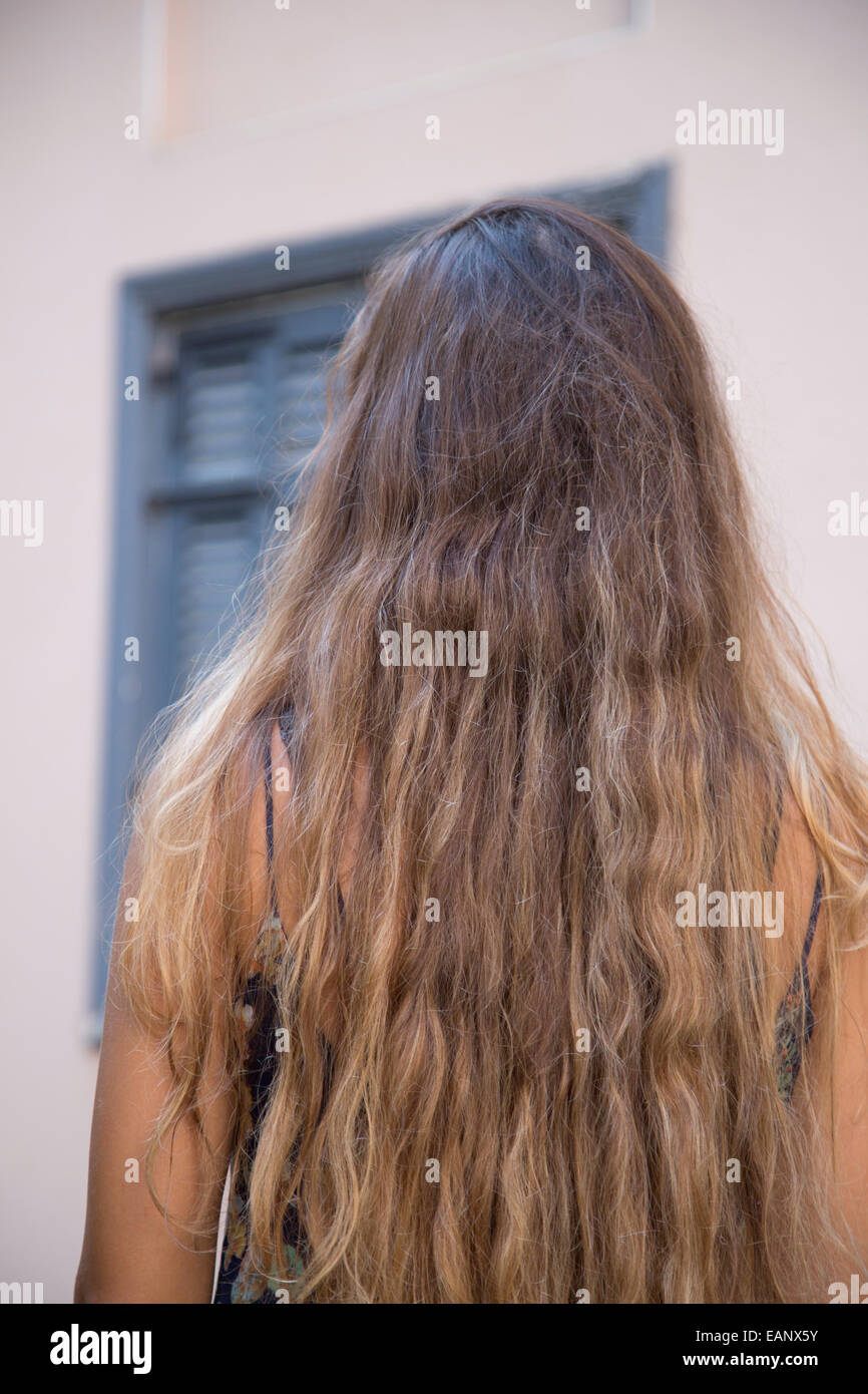 Vista posteriore di una giovane donna con capelli lunghi marrone in piedi all'aperto Foto Stock