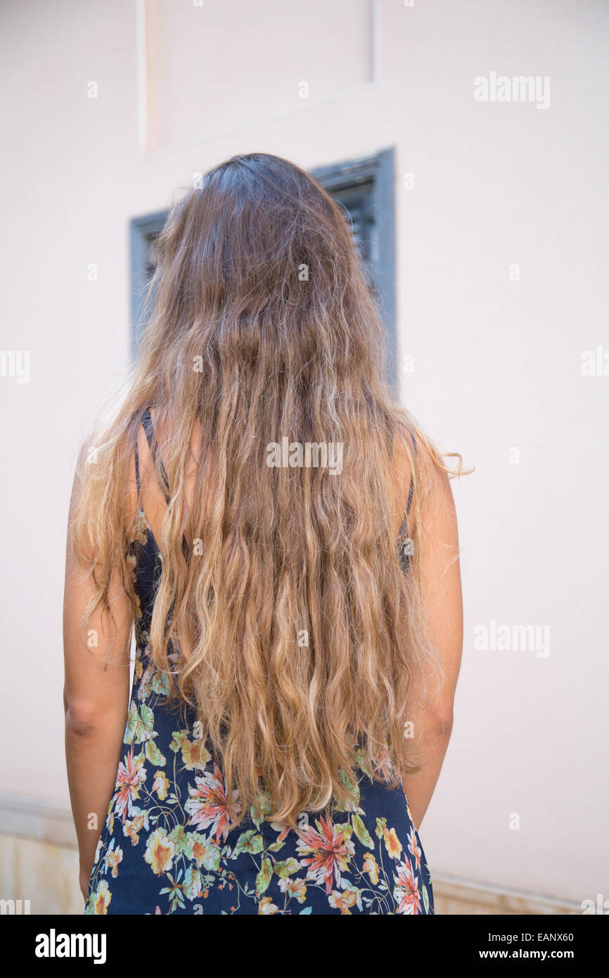 Vista posteriore di una giovane donna con capelli lunghi marrone in piedi all'aperto Foto Stock