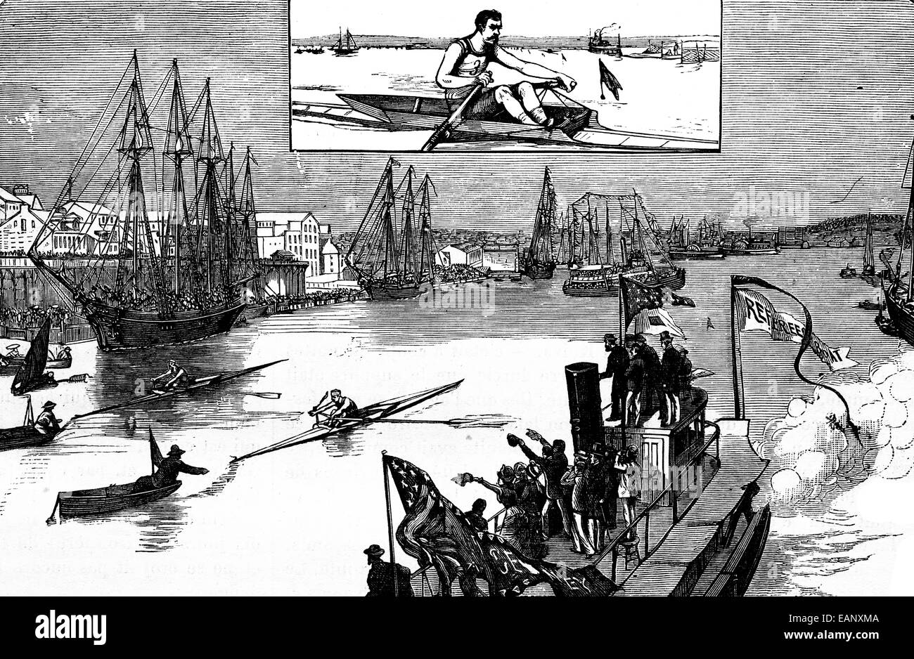 Sport americani. Le regate, vintage illustrazioni incise. Journal des viaggio, viaggio ufficiale, (1880-81). Foto Stock