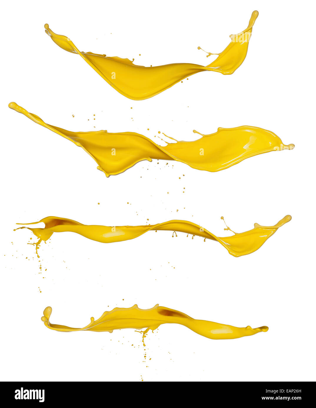 Colpo di vernice gialla schizzi, isolati su sfondo bianco Foto Stock
