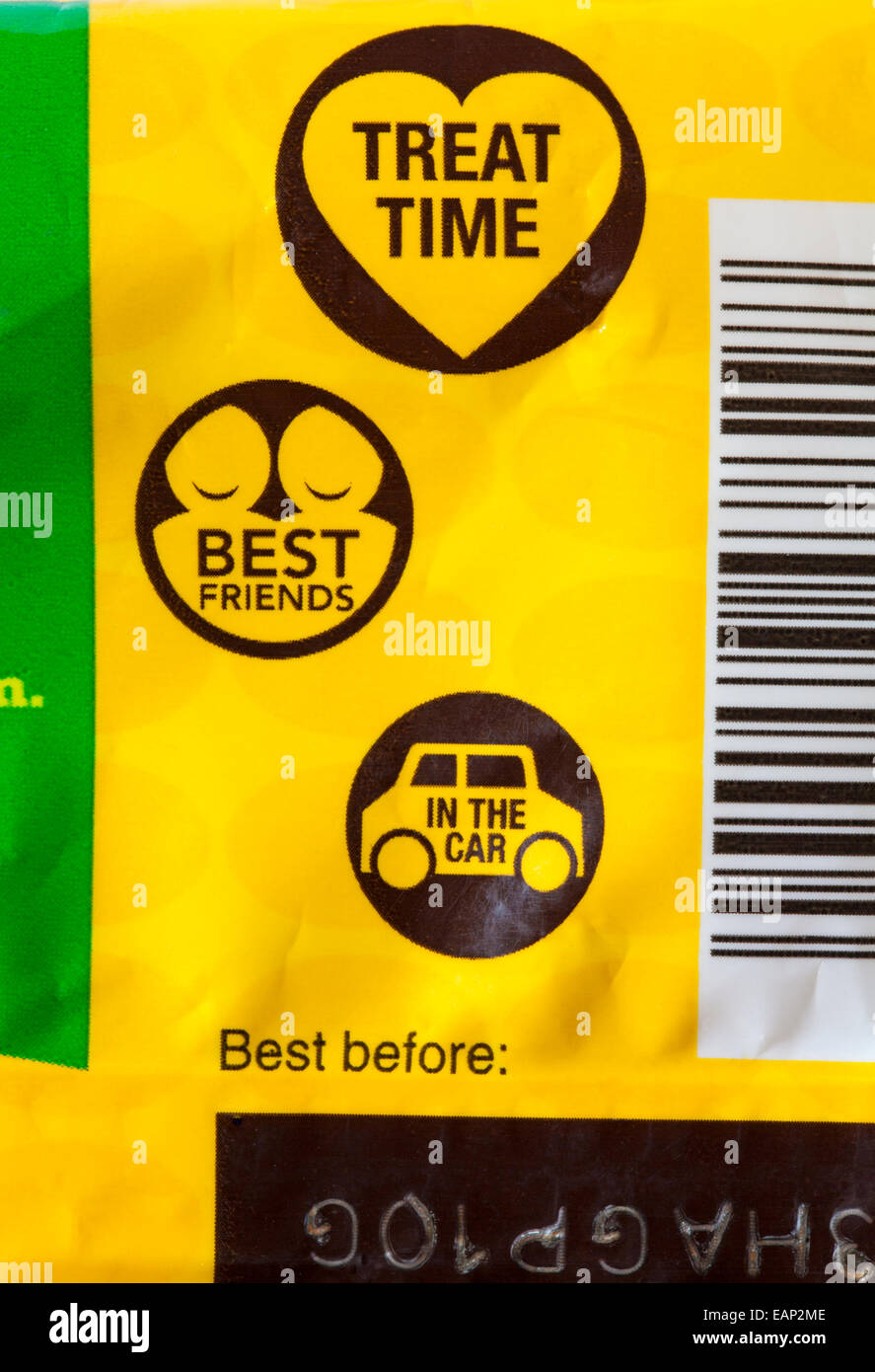 Tempo di trattamento, migliori amici, in auto e meglio prima di simboli sul sacchetto di limited edition peanut M&Ms trattare in borsa Foto Stock