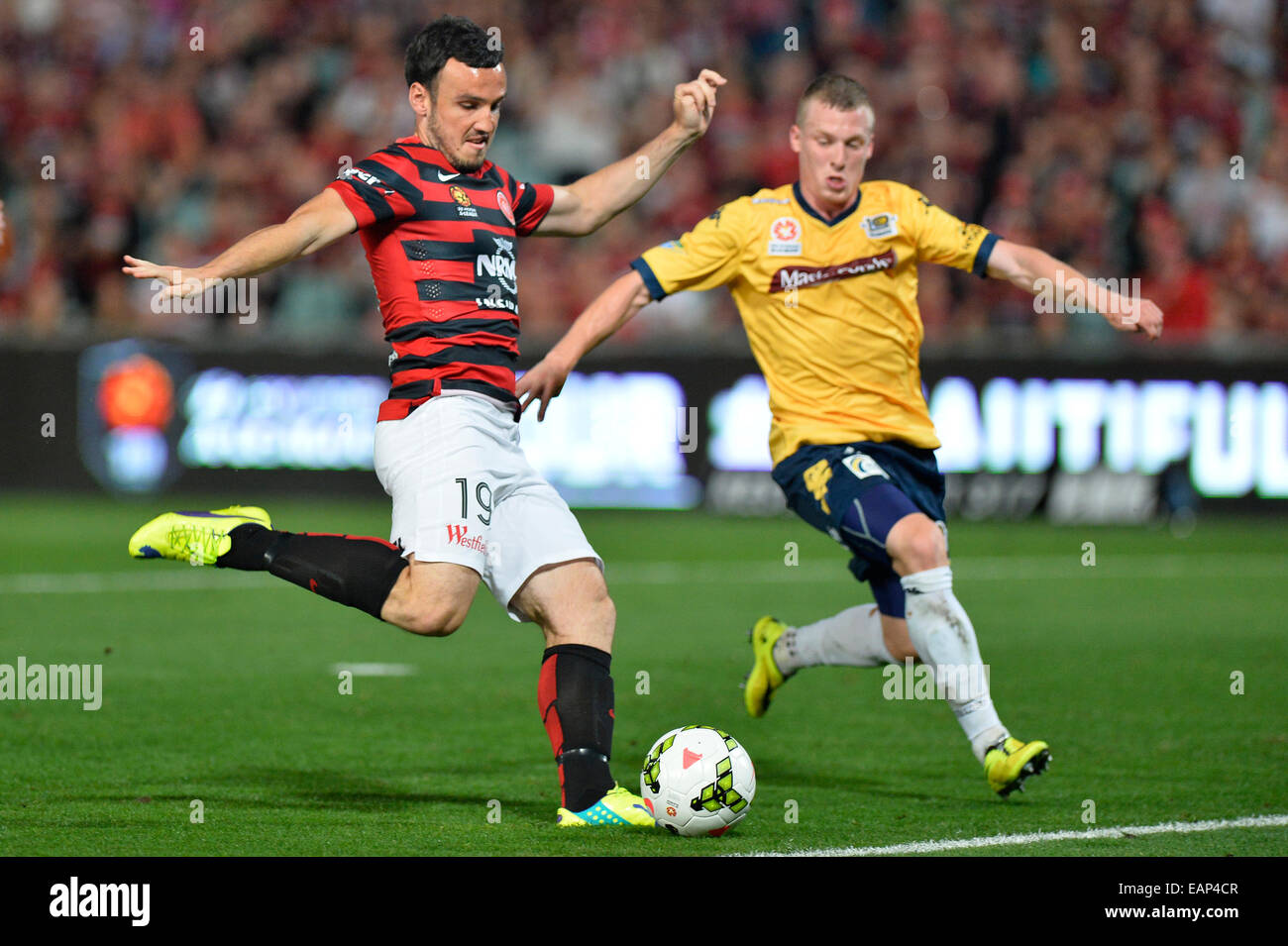 Sydney, Australia. Xix Nov, 2014. Hyundai un-League Round 3. Western Sydney Wanderers v Central Coast Mariners. Wanderers avanti Mark Bridge. Credito: Azione Sport Plus/Alamy Live News Foto Stock