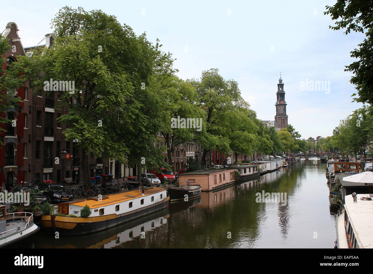 Casa barche lungo il canale Prinsengracht con edificio storico del XVII secolo Westerkerk nel quartiere Jordaan, centro di Amsterdam, Paesi Bassi in background Foto Stock