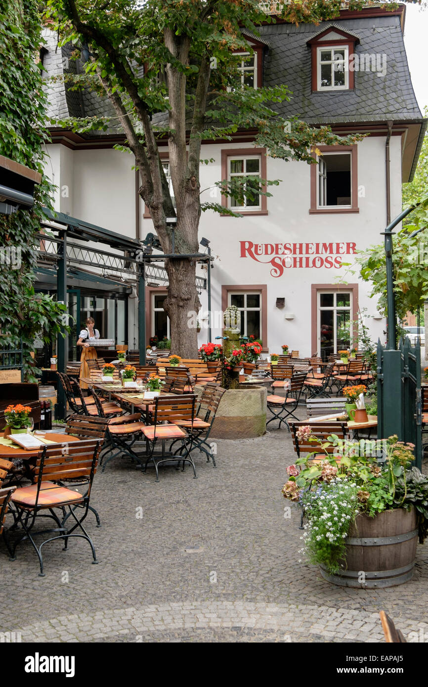 Rudesheimer Schloss ristorante nel vecchio Drosselgasse street in viticoltura città di Rüdesheim am Rhein, Hesse, Germania Foto Stock