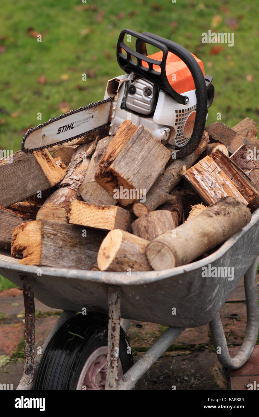 Sega a nastro e un mucchio di tagliare il legno interno log in una carriola calza fino sul carburante invernale Foto Stock