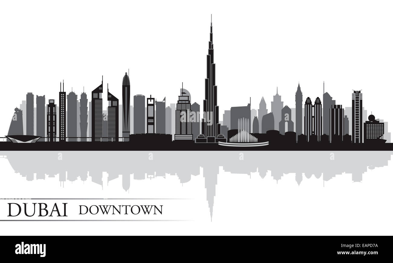 Dubai Downtown skyline della città sullo sfondo di silhouette Foto Stock