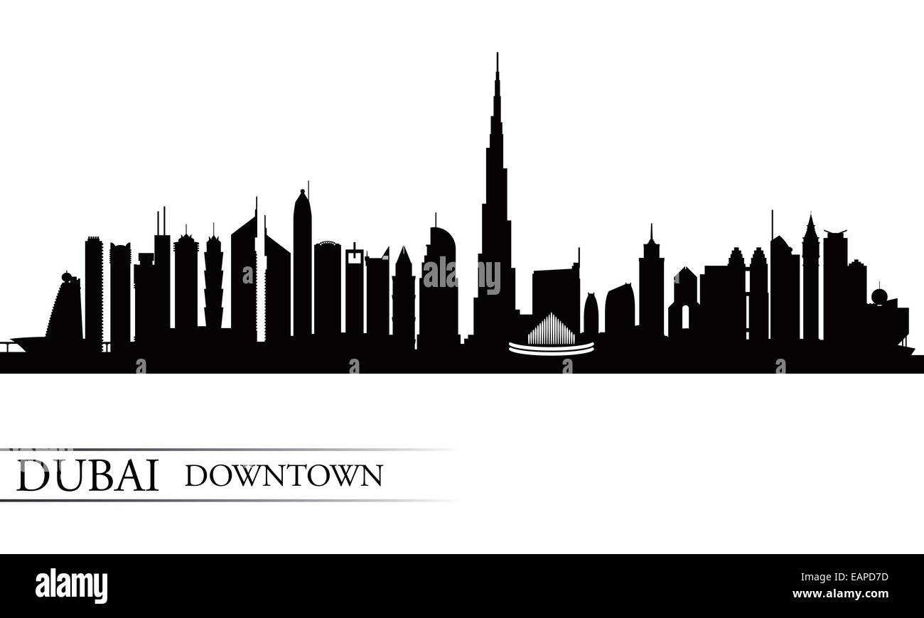 Dubai Downtown skyline della città sullo sfondo di silhouette Foto Stock