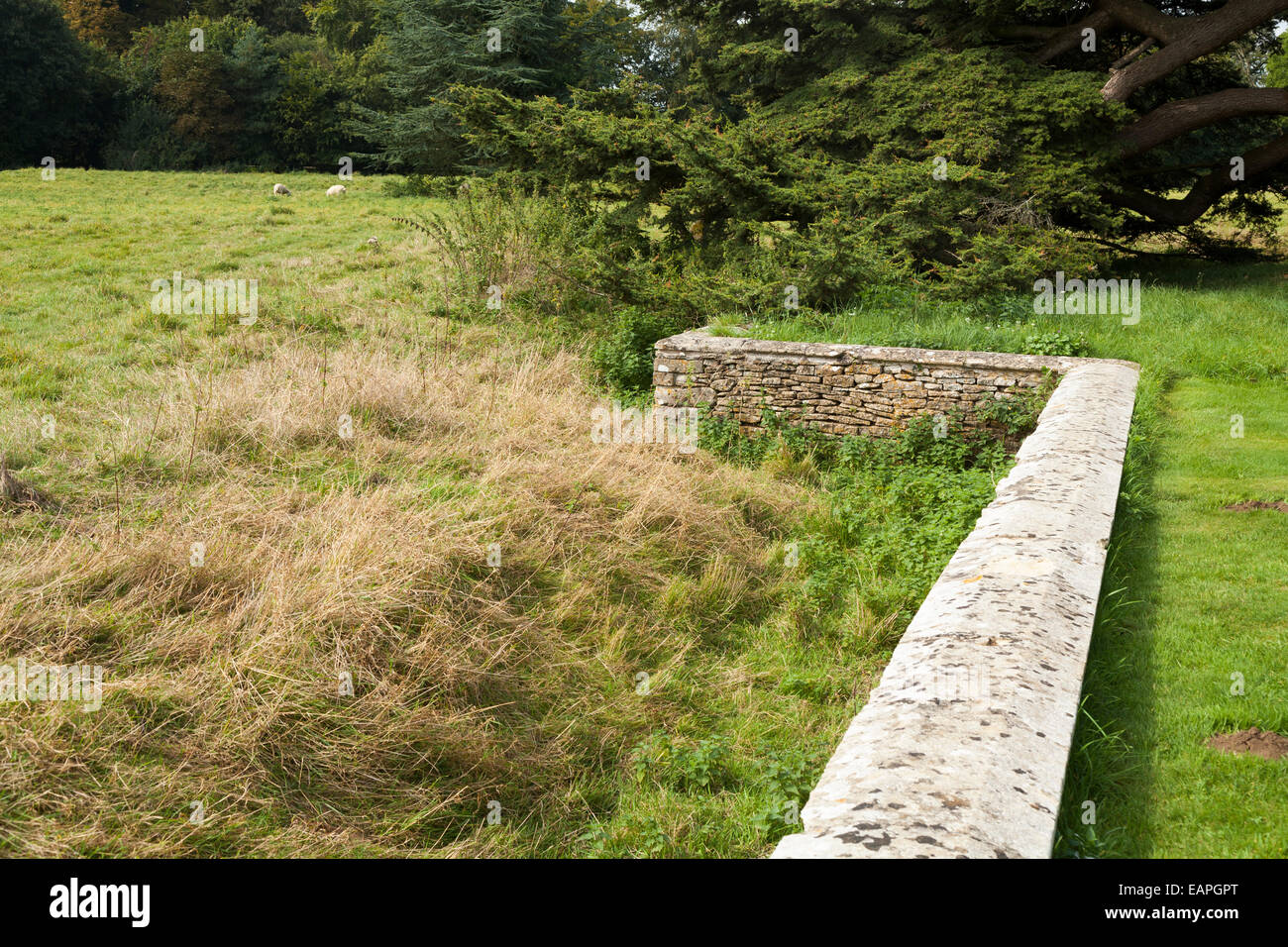 Ha-ha (o ha-ha parete) (anche haw-haw) nei giardini a Lacock Abbey vicino a Chippenham, Wiltshire, Inghilterra England Regno Unito. Foto Stock