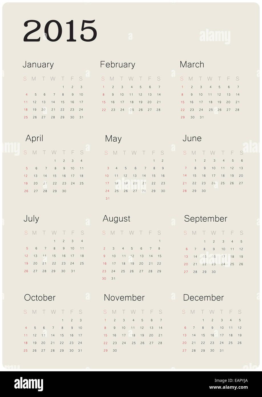 Calendario 2015 con design semplice, vettore Foto Stock