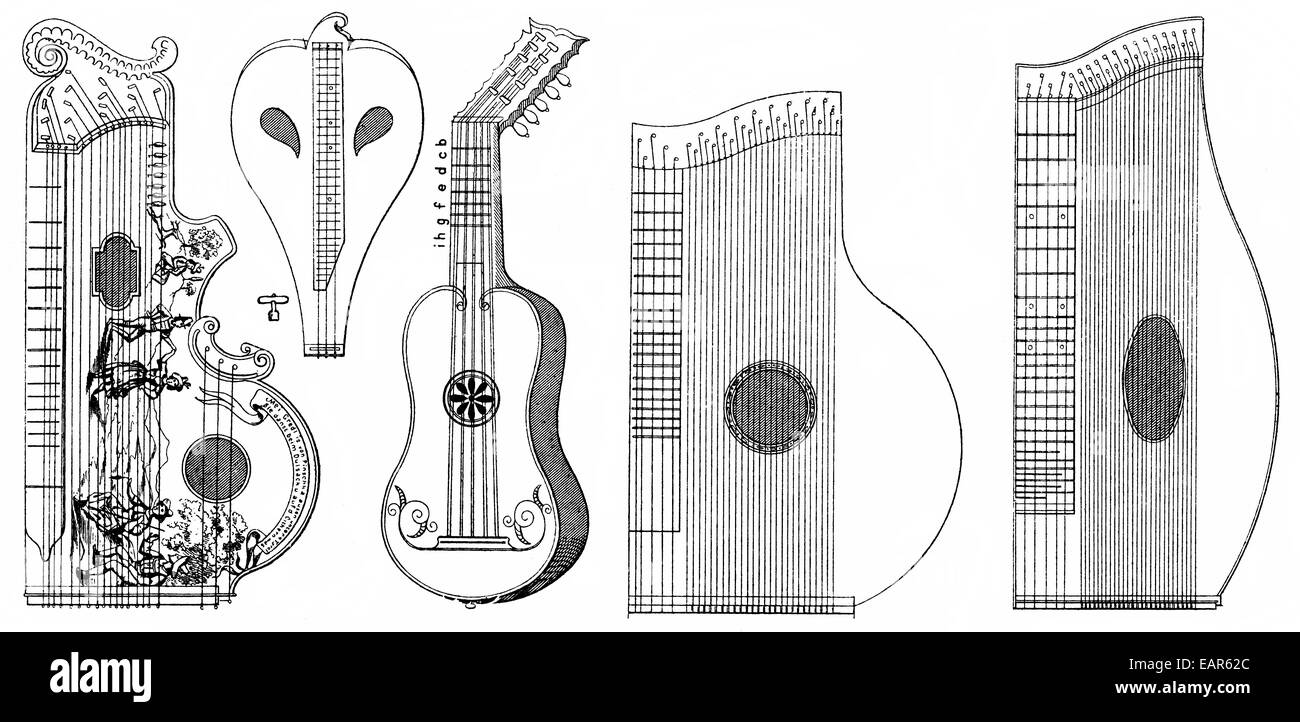 Vari strumenti musicali antichi, cetra, originale guitar, verschiedene Musikinstrumente, Cetra, ursprüngliche Gitarre Foto Stock