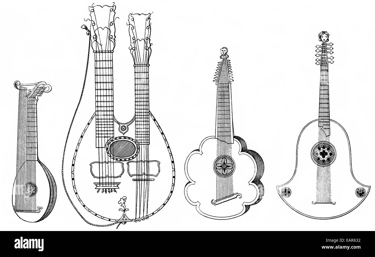 Vari strumenti musicali, precursori della chitarra, githerra o ghiterna, liuto, verschiedene Musikinstrumente, Vorläufer der Foto Stock
