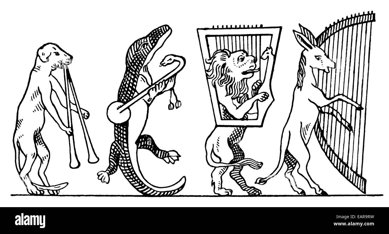 Satirico di rappresentazione di una banda musicale di animali, fare musica, satirische Darstellung einer Musikkapelle, Tiere musizieren, nach ein Foto Stock