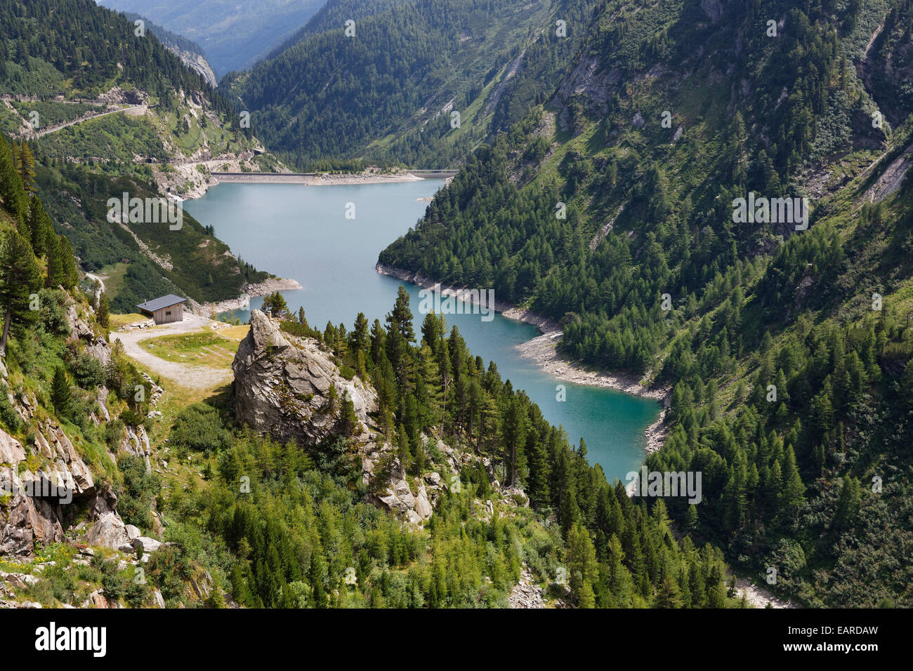 Speichersee Galgenbichl serbatoio visto dalla Koelnbreinsperre, Maltatal, Hohe Tauern, Malta, Spittal an der Drau, Carinzia Foto Stock