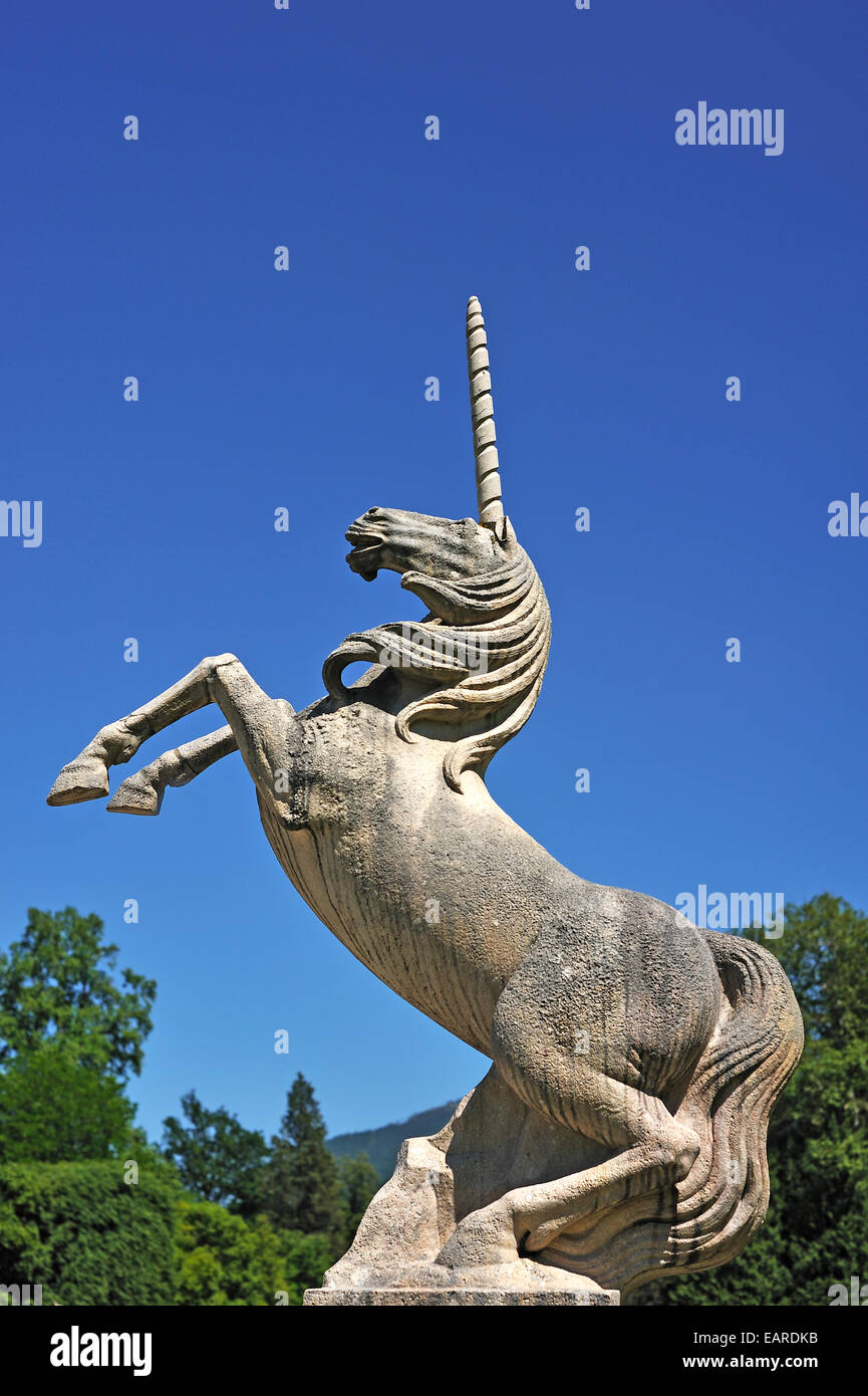 Unicorn, sculture nel parco del castello di Hellbrunn, Salisburgo, Stato di Salisburgo, Austria Foto Stock