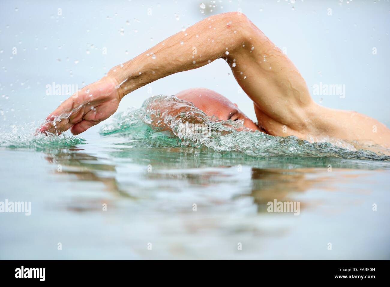 L'uomo, inizio 40s, nuoto il crawl attraverso il mare Foto Stock