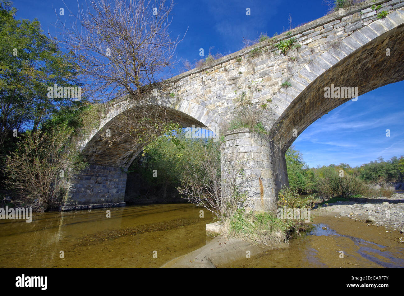 Abbandonato il ponte di pietra su un piccolo fiume. Foto Stock