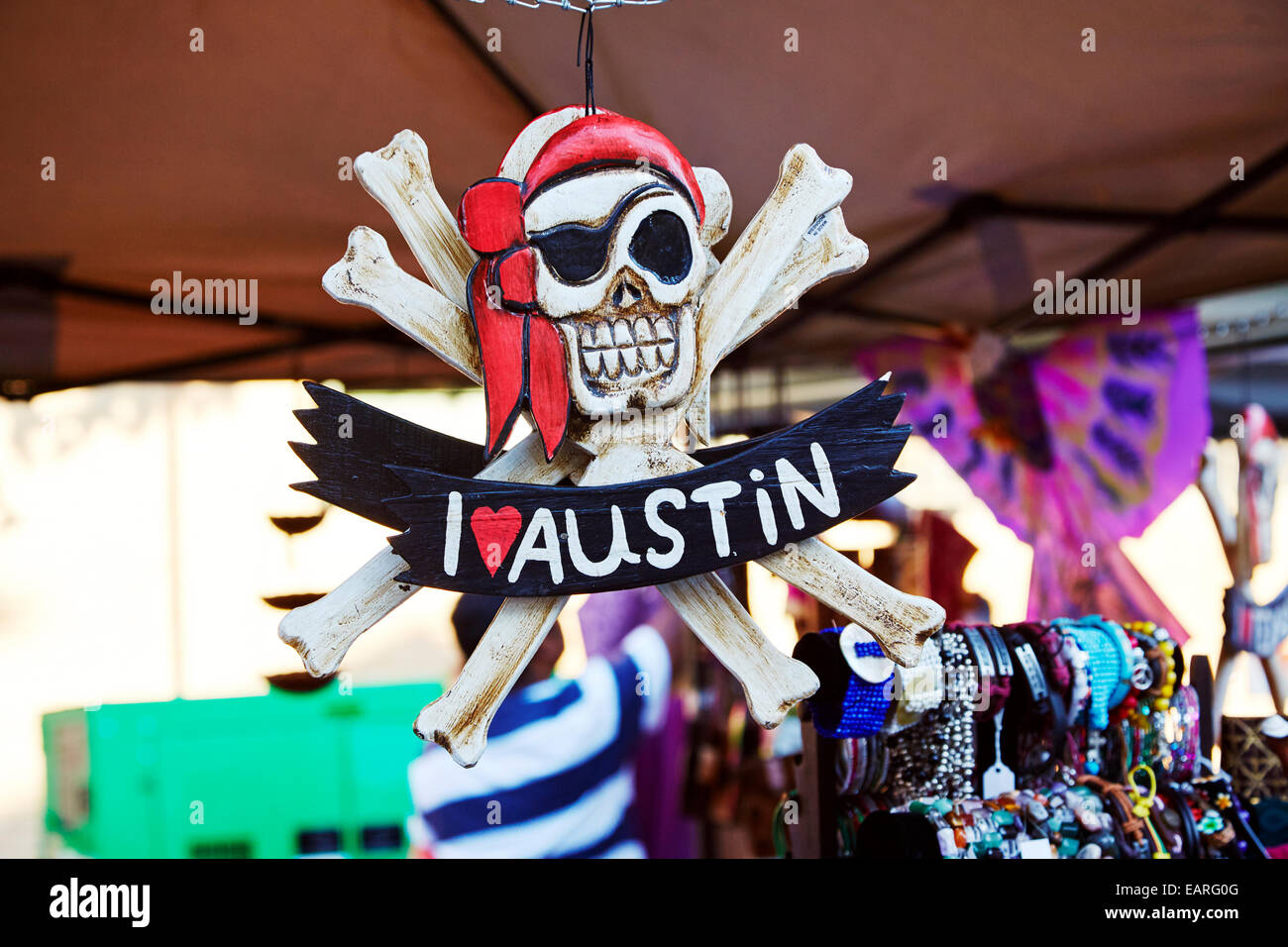 Souvenir turistici su una bancarella di strada sulla 6th Street, Austin, Texas, Stati Uniti d'America Foto Stock