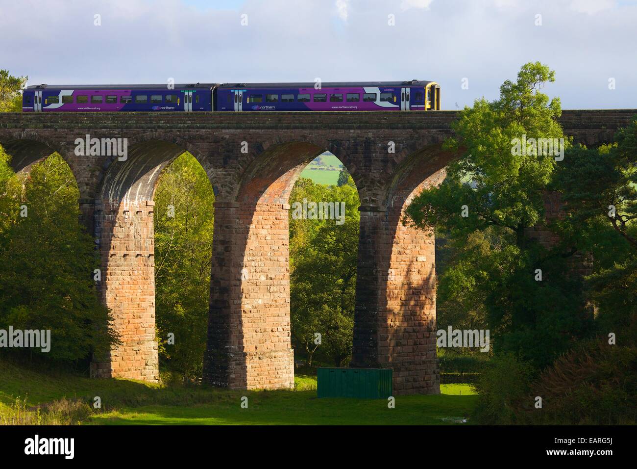 Rampa settentrionale Sprinter treno sul arrivino a Carlisle linea ferroviaria, secco Beck viadotto, Armathwaite, Eden Valley, Cumbria, Englan Foto Stock