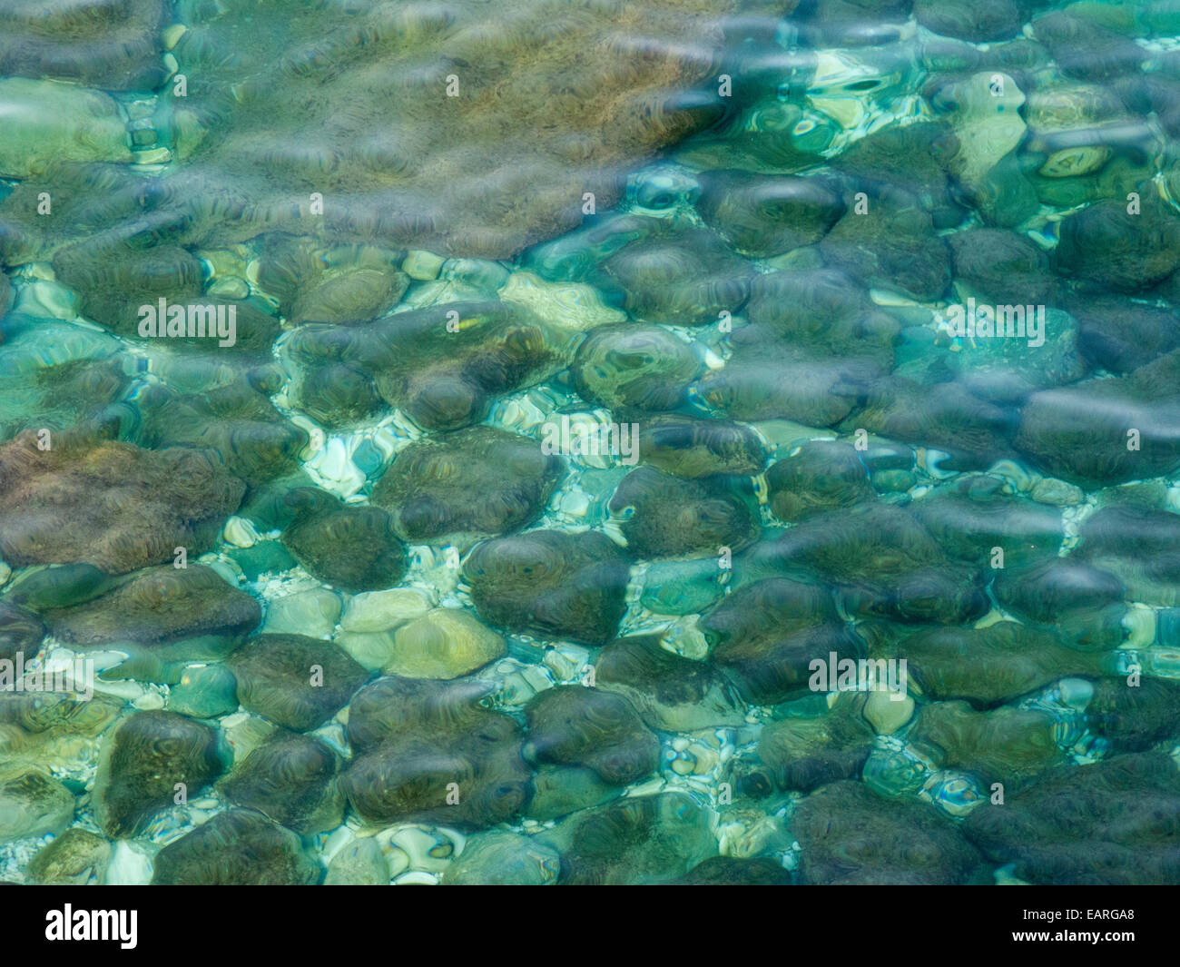 Calma acqua poco profonda distorce i ciottoli su una spiaggia Foto Stock
