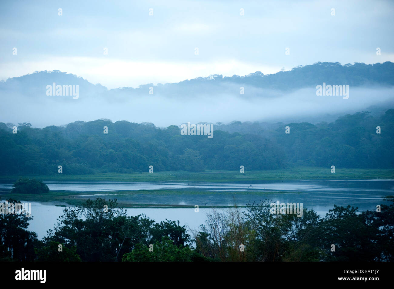 Vista sul Lago di Gatun Misty nuvole Panama Foto Stock