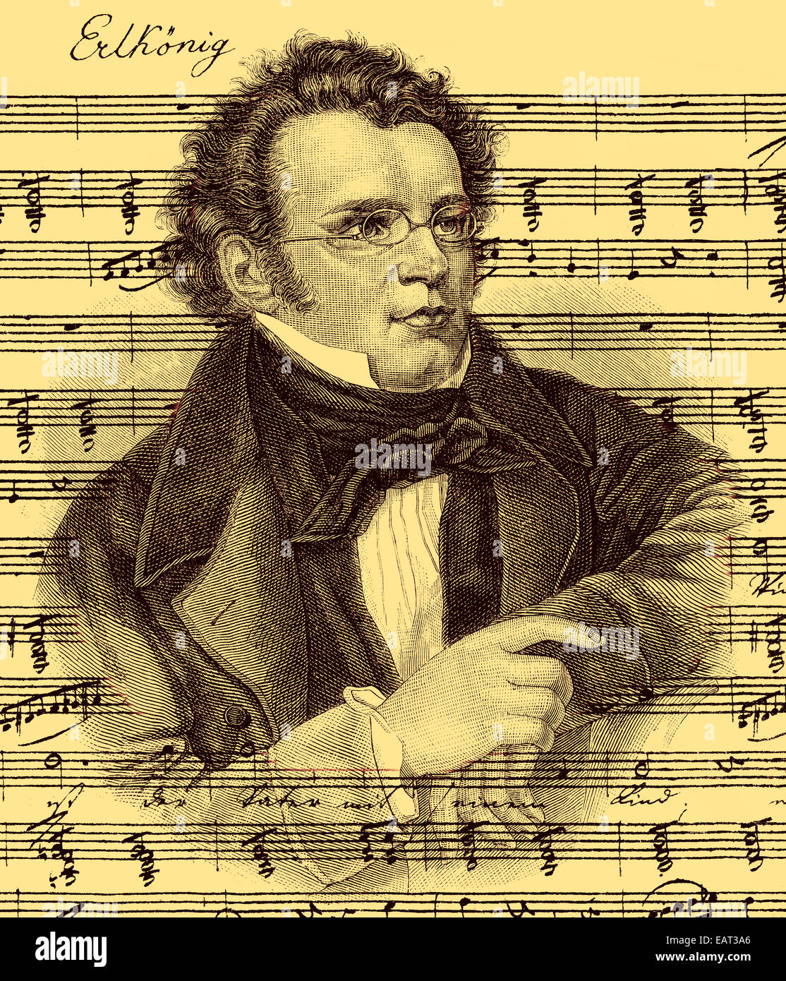 Franz Peter Schubert, 1797 - 1828, un compositore austriaco, die Notenhandschrift von D 328, Op. 1, Der Erlkönig und ein ritratto vo Foto Stock
