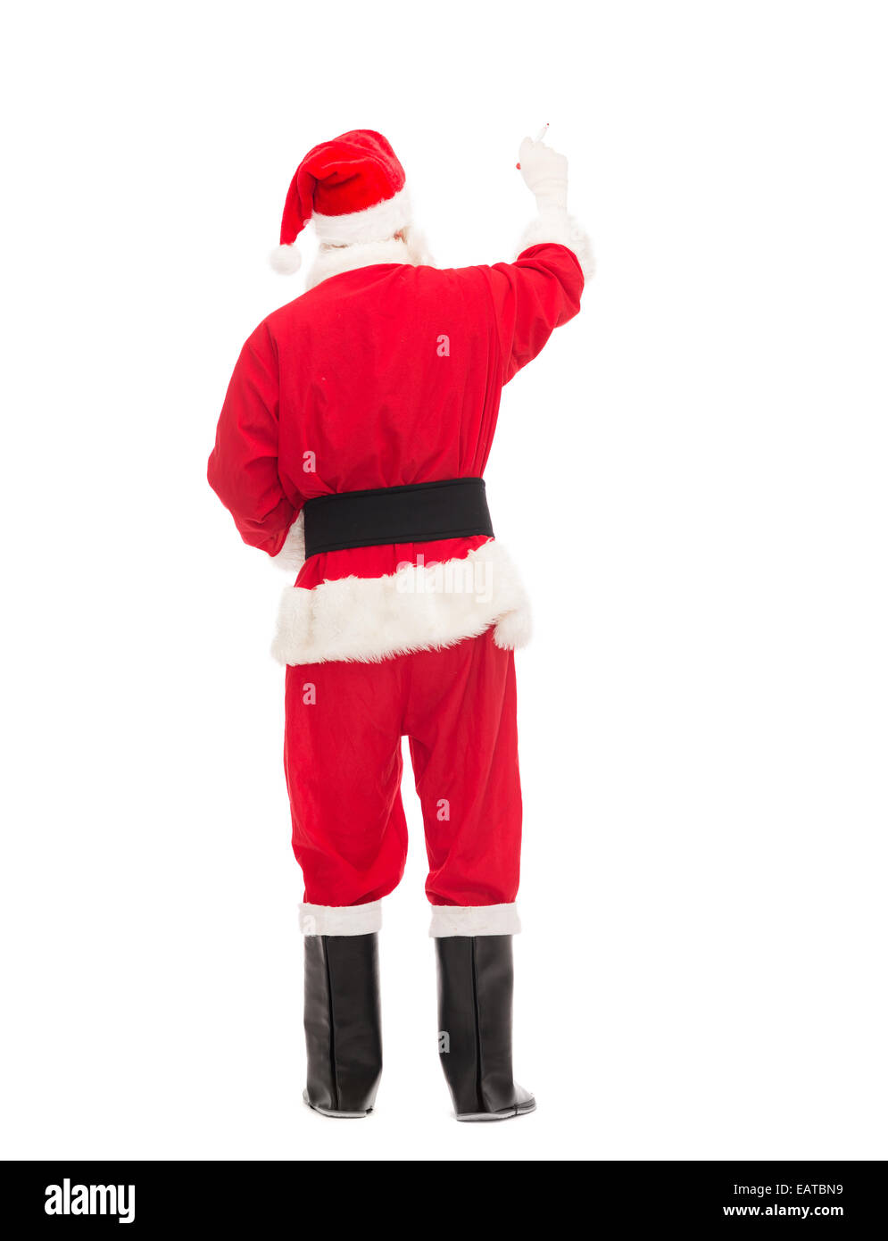 Uomo in costume di Babbo Natale a scrivere qualcosa Foto Stock