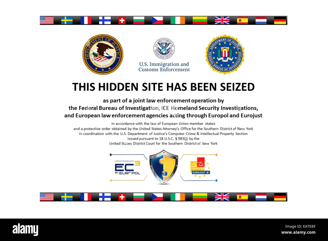 "Questo sito nascosto è stato sequestrato' FBI e Europol sullo schermo di visualizzazione sulla darknet shutdown siti. Vedere la descrizione per maggiori informazioni. Foto Stock