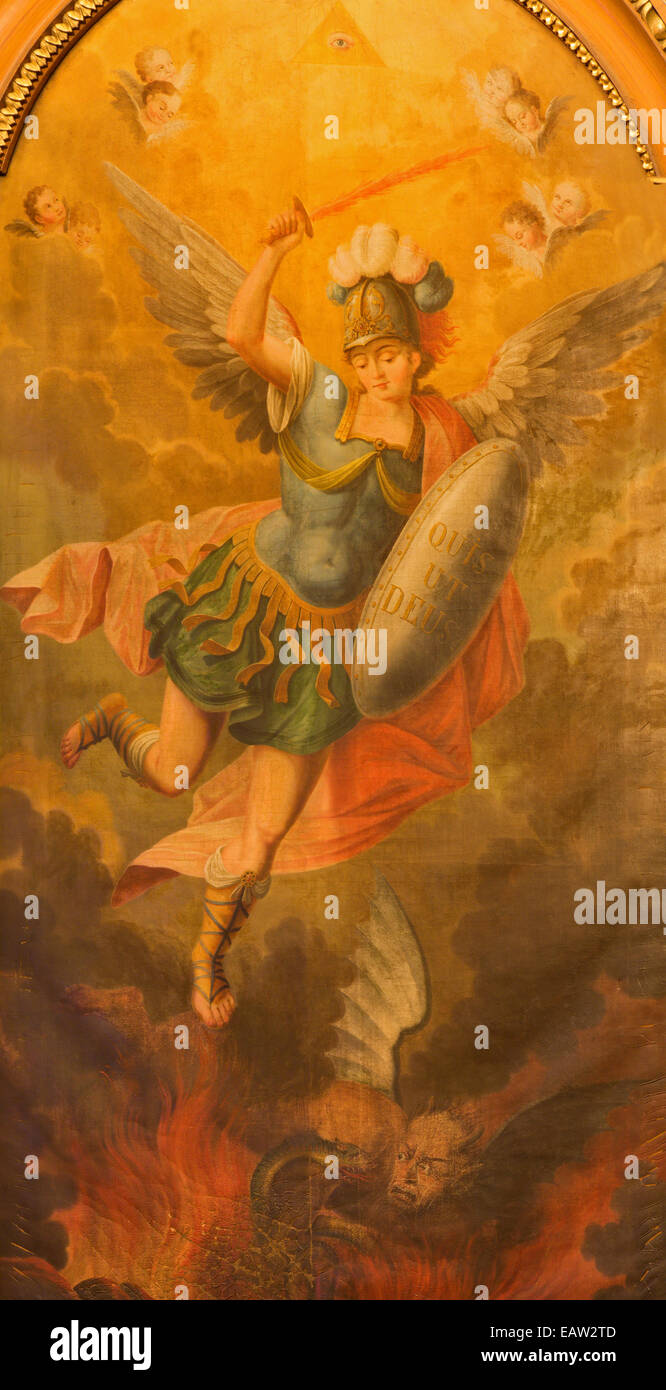 Trnava - La vernice dell arcangelo Michele dalla cappella laterale della gotica della chiesa di San Nicola da pittore sconosciuto. Foto Stock