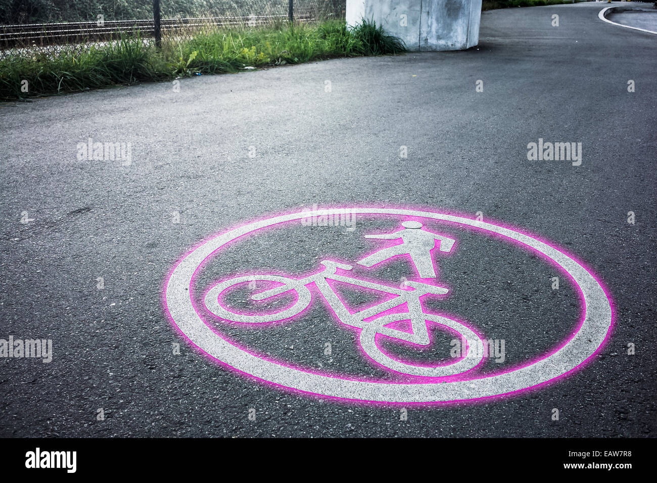 Bicicletta rosa cartello stradale simbolo su piste ciclabili suolo, donna donne, ragazza, femmina, sport, sana, orizzontale, spazio copia, guide Foto Stock