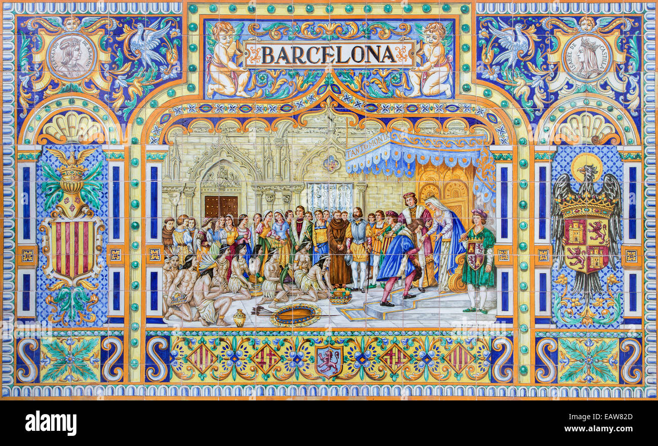 Siviglia - il Barcellona come uno dei "piastrellato Provincia nicchie' lungo le pareti della Plaza de Espana (1920s) da Domingo Prida. Foto Stock