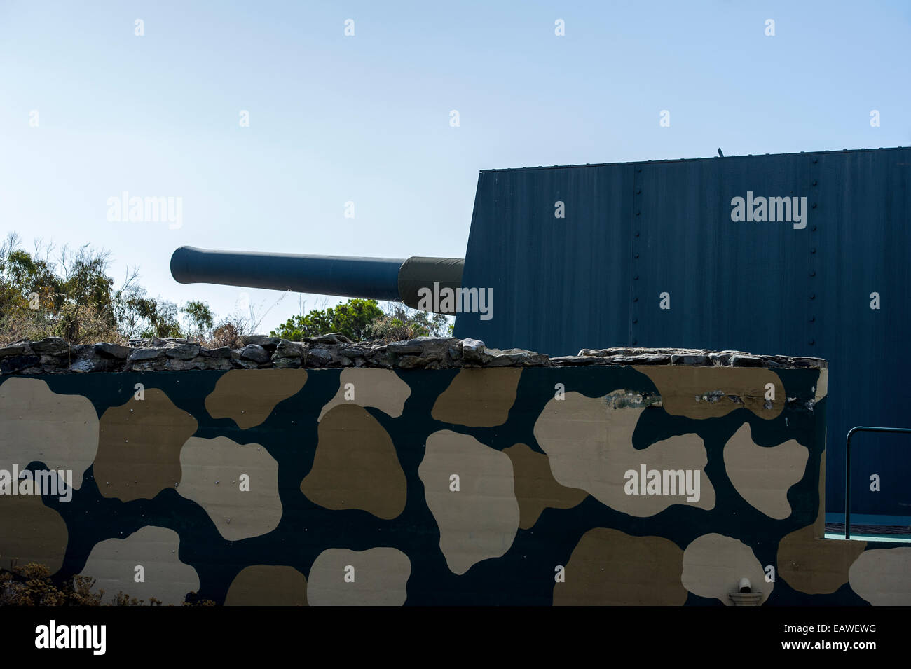 Il cannone mimetizzato al De Waal batteria su Robben Island. Foto Stock