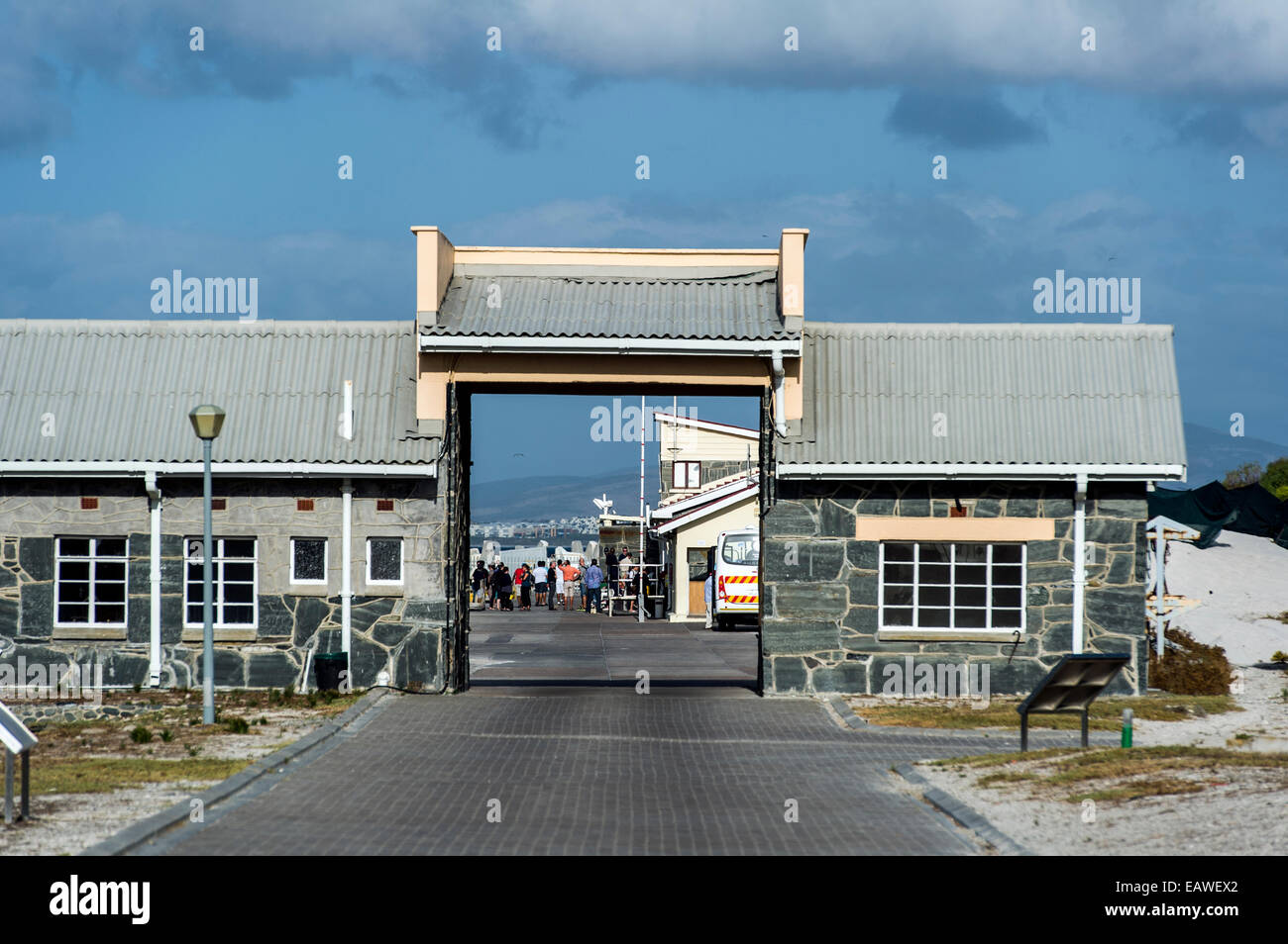 La porta di ingresso e al porto dei traghetti di Robben Island prigione. Foto Stock