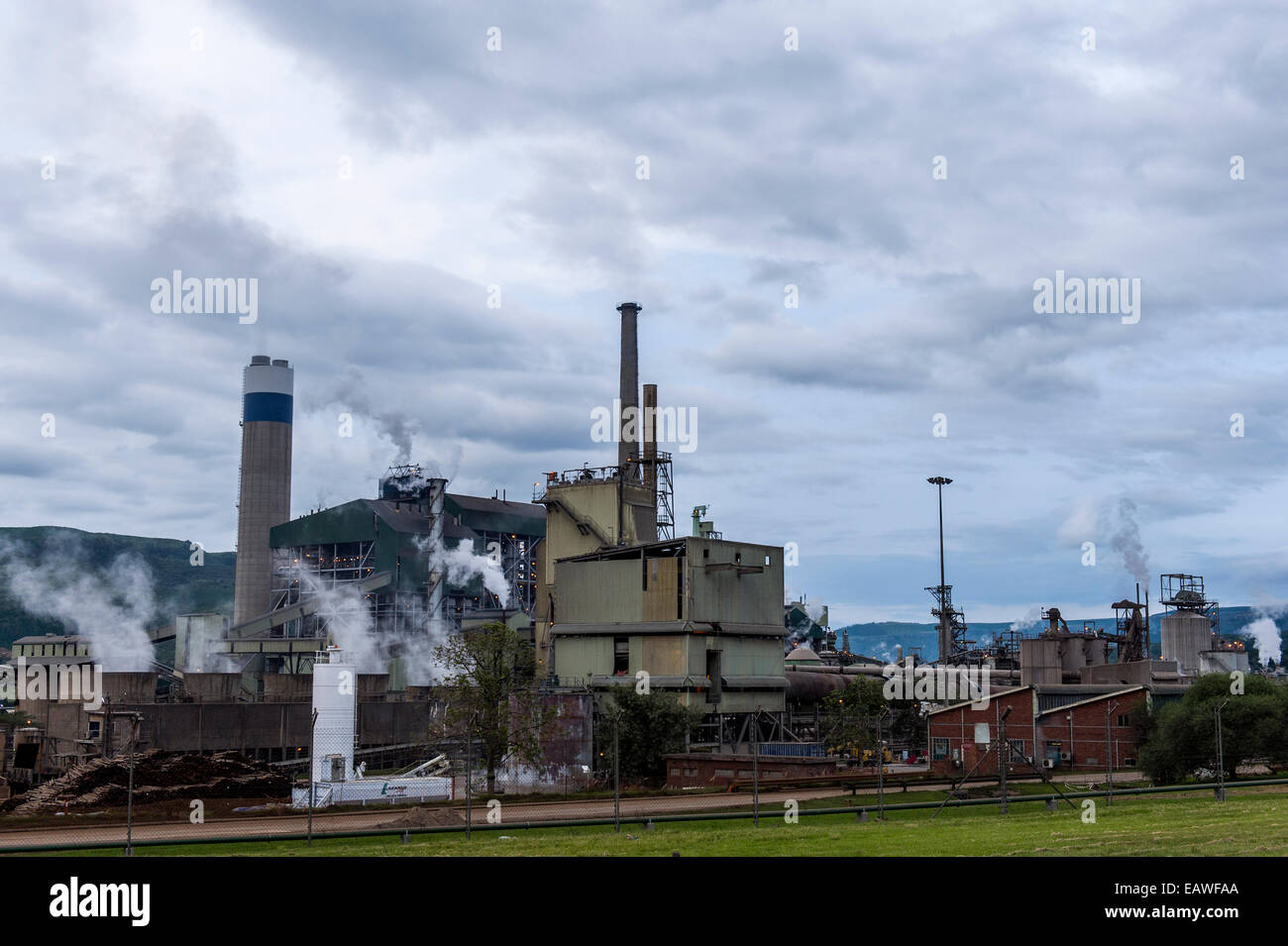 Fumo e vapore belch inquinamento da camini in una cartiera. Foto Stock