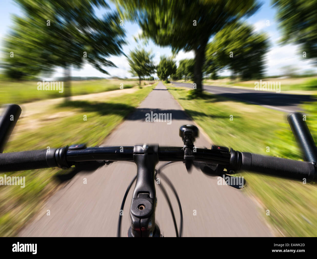 Fast cycling su una strada nel paesaggio con alberi Foto Stock Fast cycling su una strada nel paesaggio con alberi Foto Stock