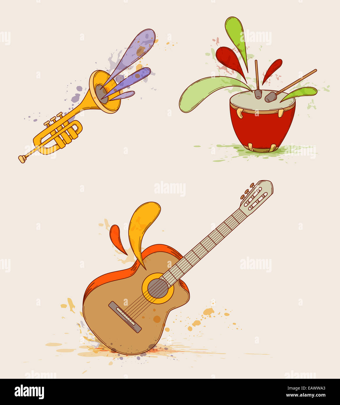 Set di strumenti musicali con gli spruzzi luminosi Foto Stock