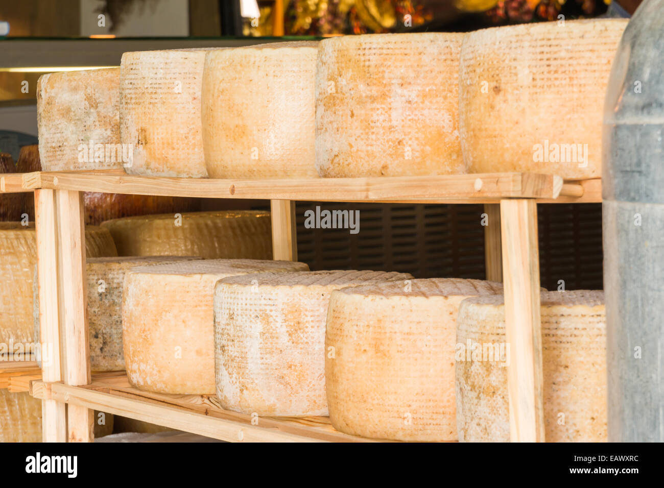 Serie di forme rotonde di formaggio stagionato per la vendita nel mercato locale Foto Stock