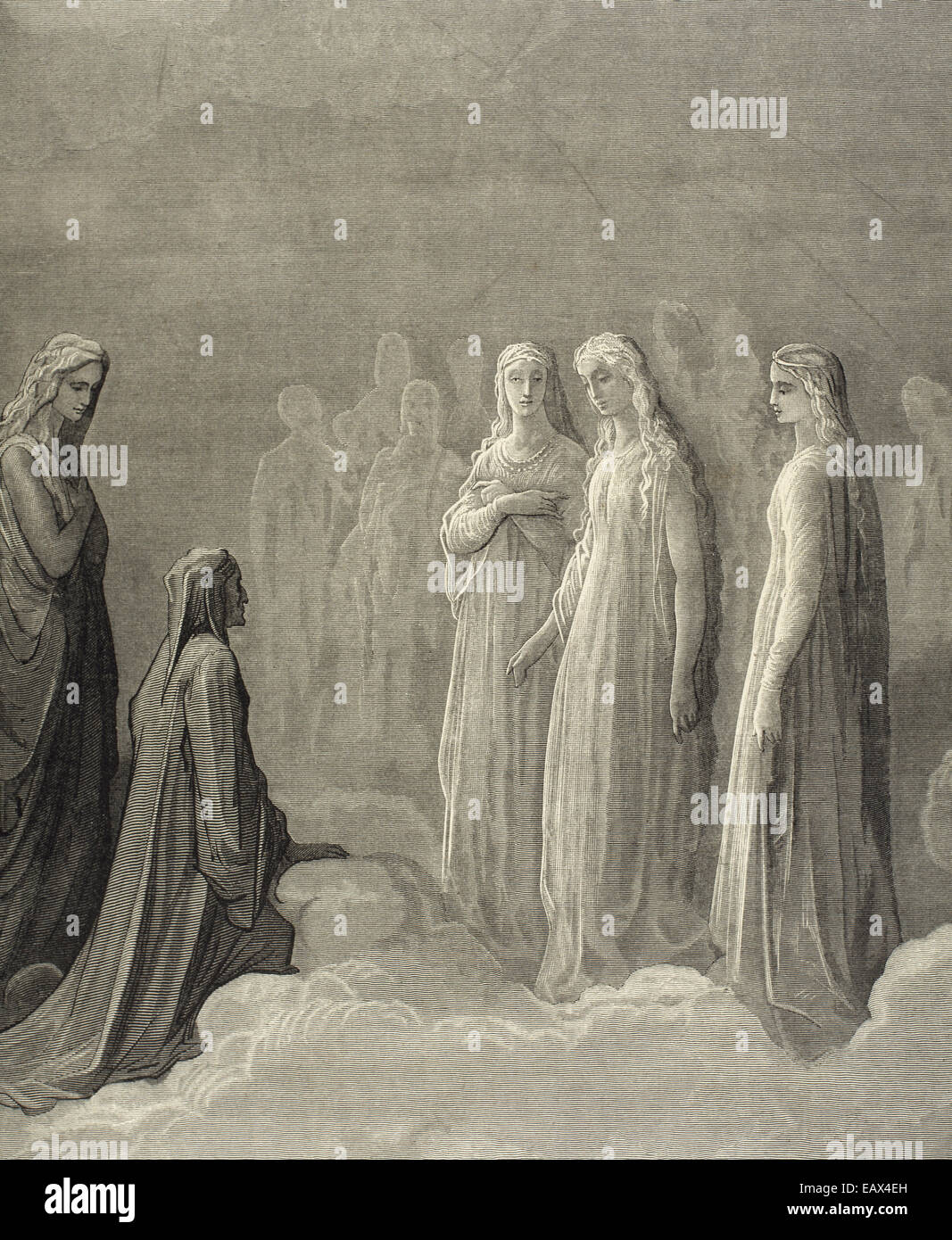 La Divina Commedia di Dante Alighieri (1265-1321). Il paradiso. Canto III. Piccarda Donati e anime i cui voti erano stati rotti. Foto Stock