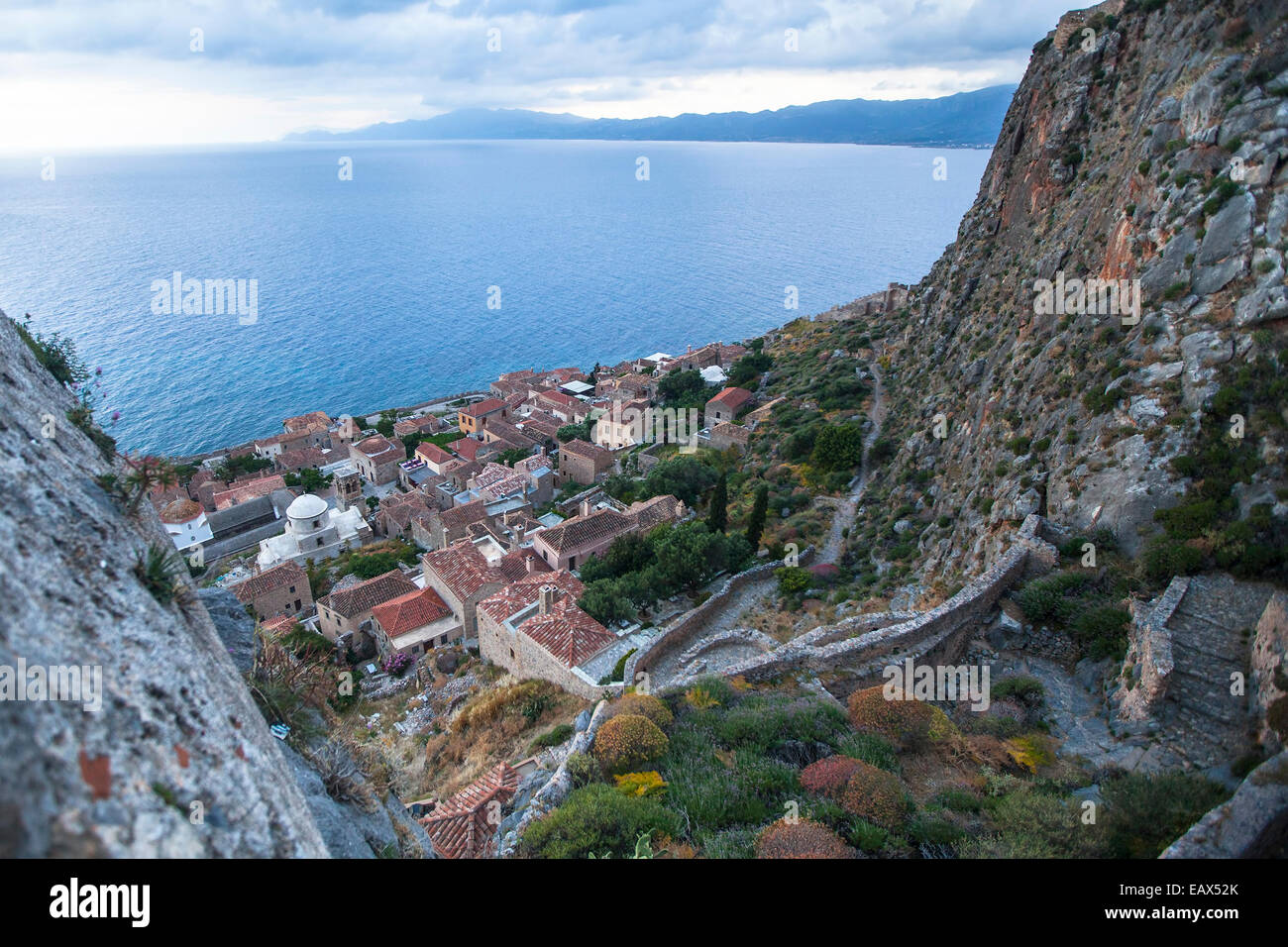 Vista dall'alto di Monemvasia, Grecia. Foto Stock