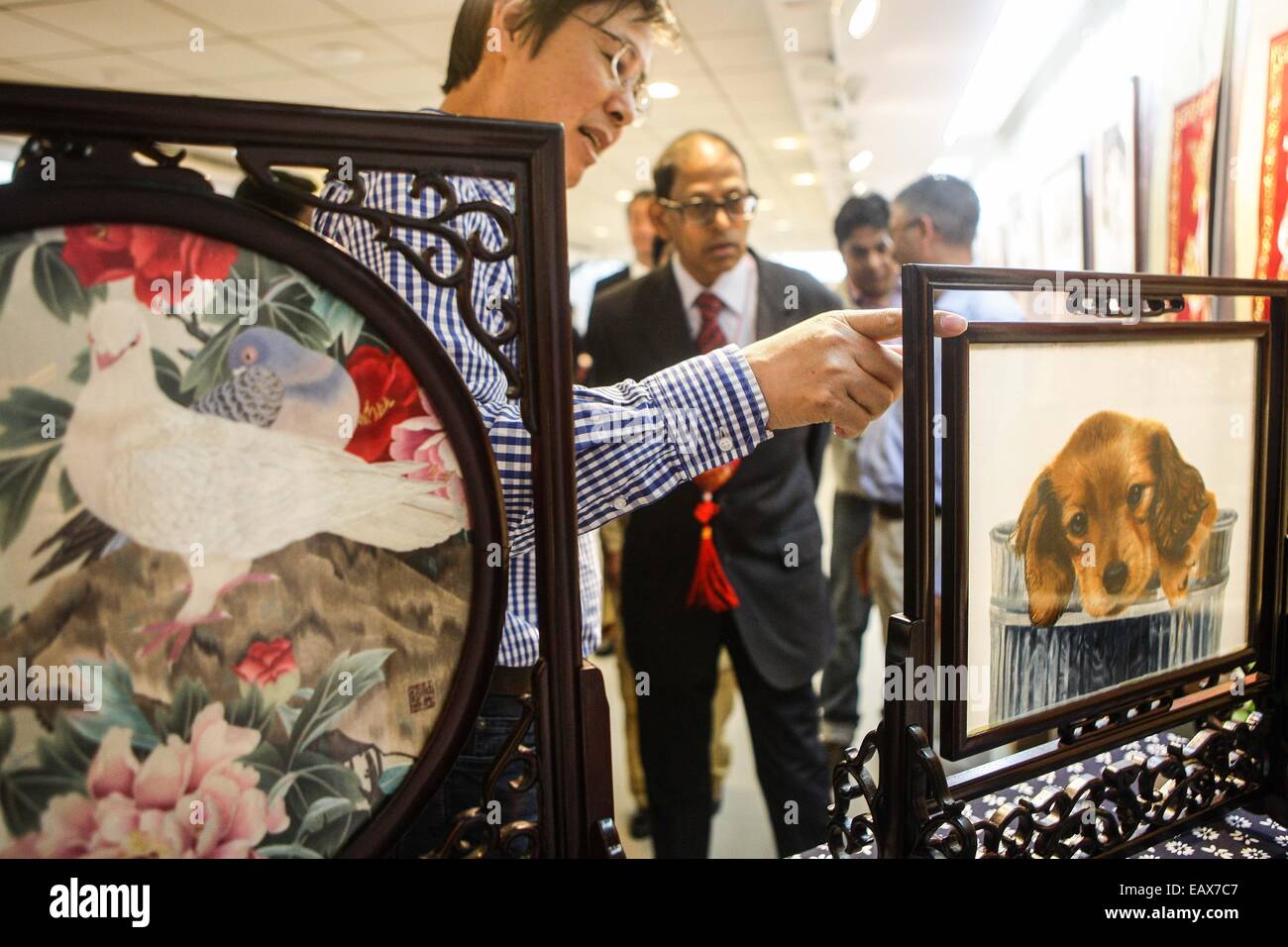 (141121) -- NEW DELHI, nov. 21, 2014 (Xinhua) -- Gli ospiti guarda il ricamo di Hangzhou lavora presso la celeste creazioni - Mostra sulla cultura immateriale patrimonio di cinese della Provincia di Zhejiang, in tutta l India Belle Arti e Mestieri Società in Nuova Delhi, capitale dell'India, nov. 21, 2014. I cinque giorni di mostra che ha dato dei calci a fuori qui il venerdì con una selezione di tipici immateriale patrimonio di cultura di Zhejiang, mostrerà una integrazione di statica artistiche e prestazioni dinamiche. (Xinhua/Zheng Huansong) Foto Stock