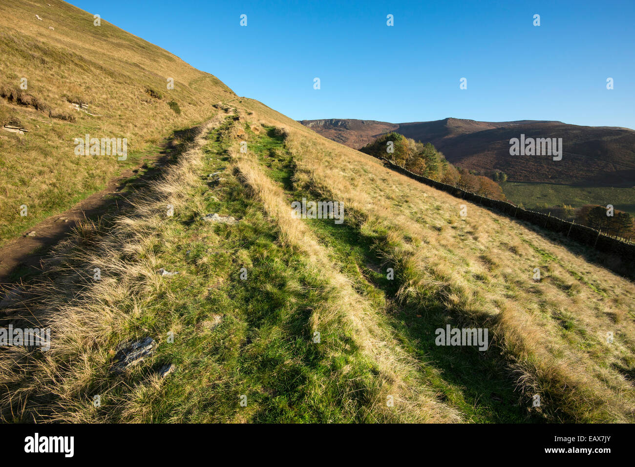 Sentiero ripido che conducono su per le colline sopra Edale nel Peak District, Derbyshire. Una luminosa giornata autunnale. Foto Stock