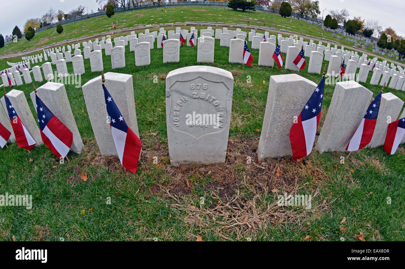 Un obiettivo fisheye view militare di lapidi con bandierine americane a Cipro colline Cimitero Nazionale di Brooklyn, New York Foto Stock