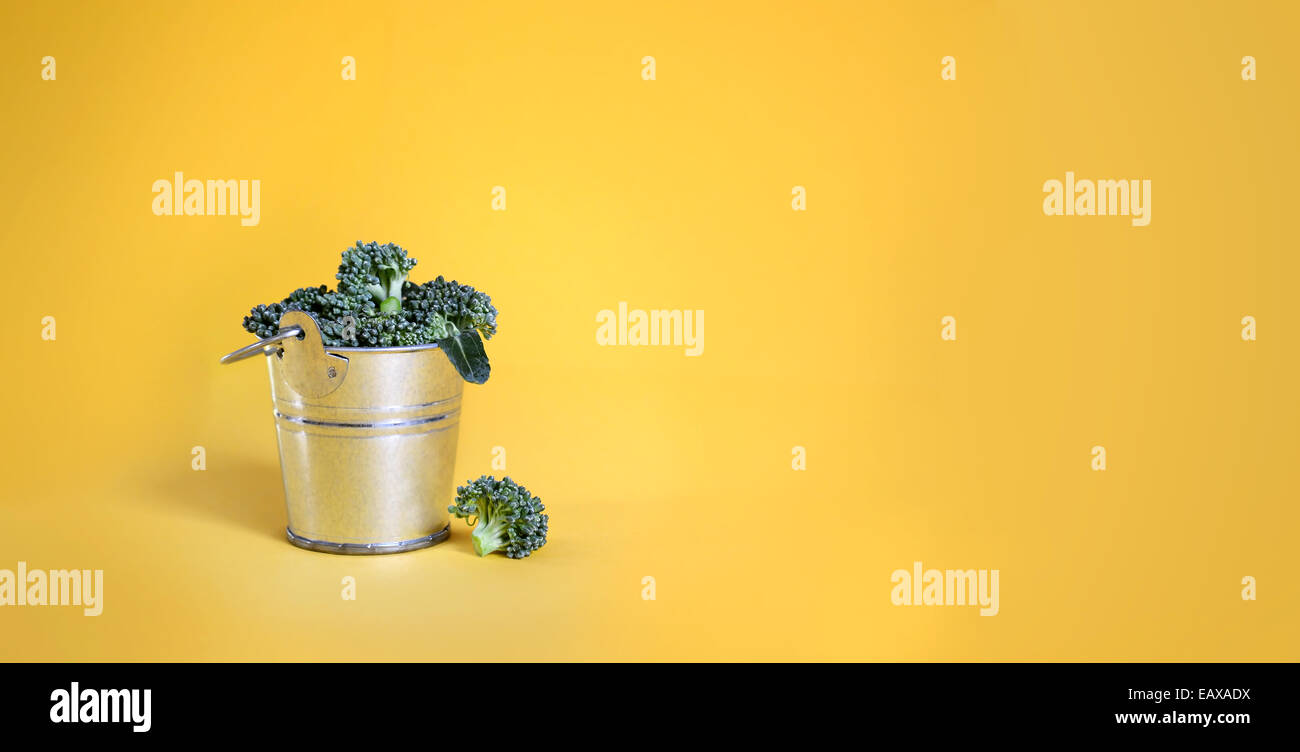 Broccoli in un secchio su sfondo giallo Foto Stock