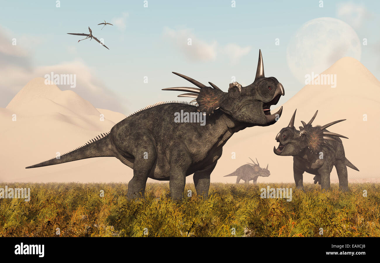 Styracosaurus dinosauri chiamando l un l altro durante il passaggio di una tempesta di sabbia. Foto Stock