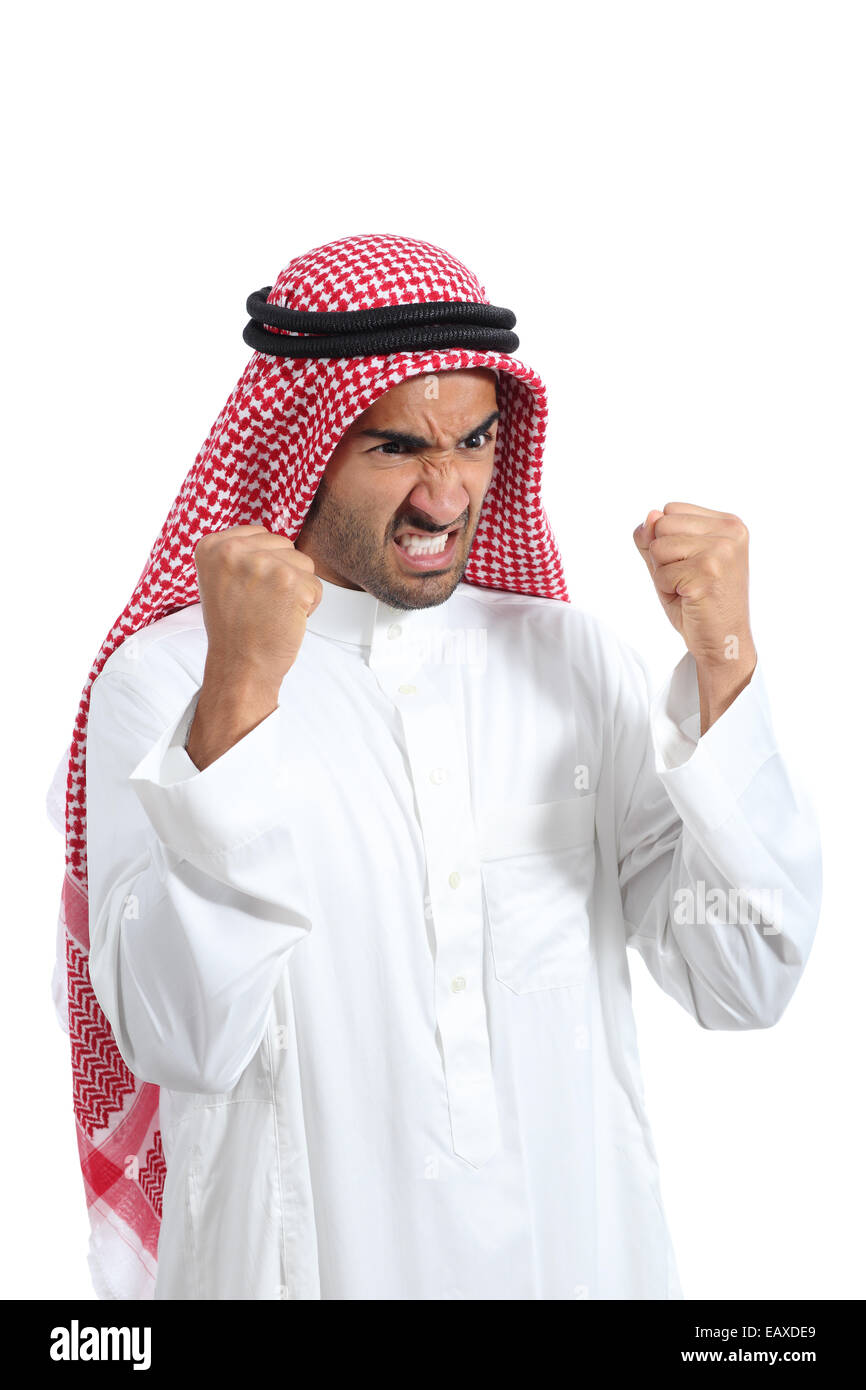 Arrabbiato e furioso arab arabia uomo isolato su sfondo bianco Foto Stock