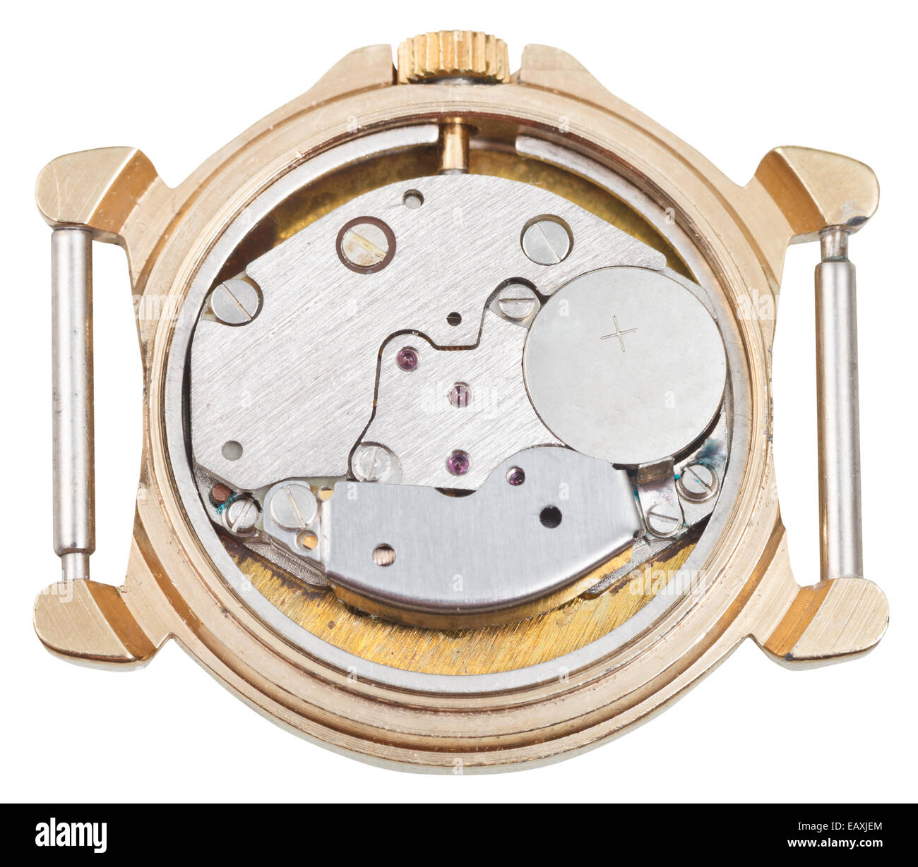 Orologio al quarzo meccanismo nel vecchio orologio d'oro isolati su sfondo bianco Foto Stock