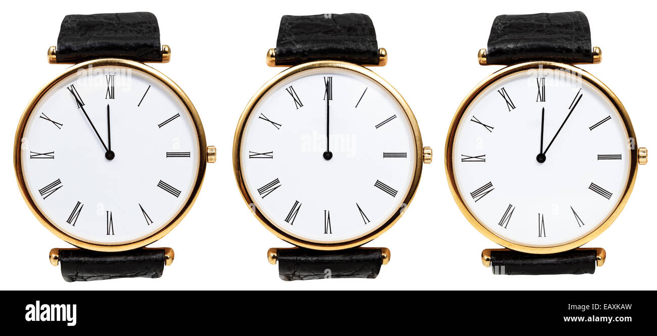Set di orologi da polso con tempo di mezzanotte isolati su sfondo bianco Foto Stock