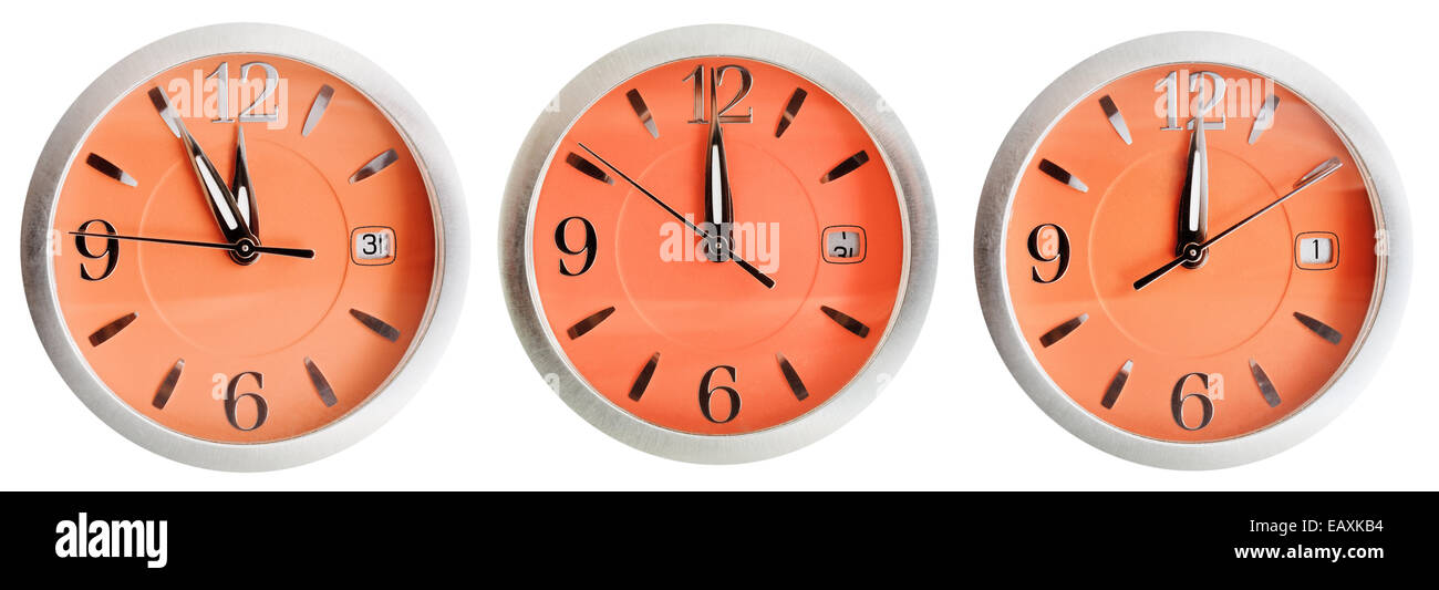 Set di orange orologio con tempo di mezzanotte isolati su sfondo bianco Foto Stock