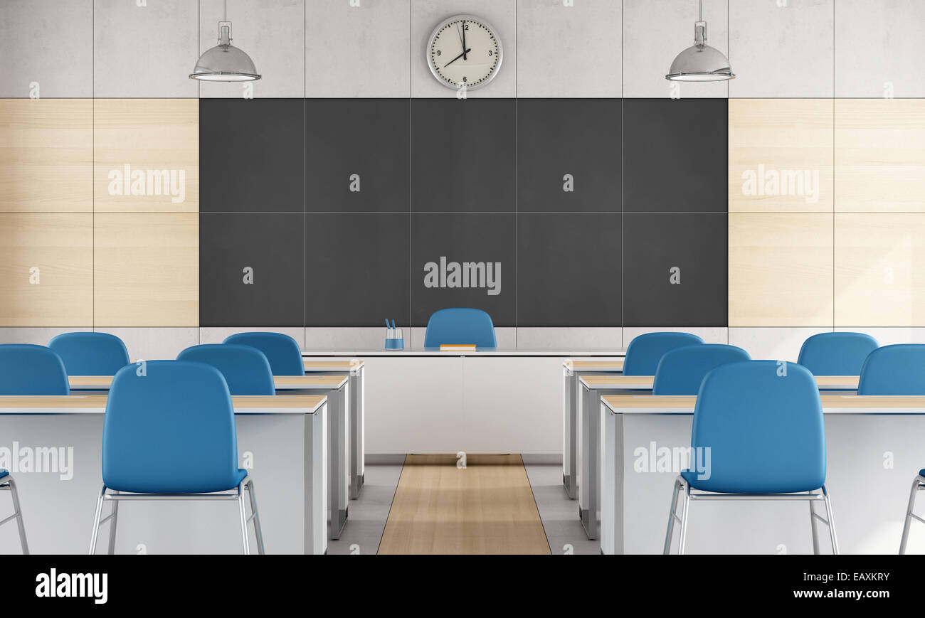 Aule moderne con sedia blu e una grande lavagna senza studente - 3D Rendering Foto Stock